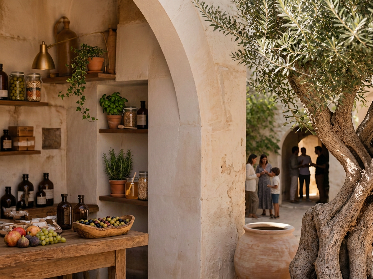 Distant groups of people connecting in a sunlit Mediterranean courtyard framed by a plaster archway with an olive tree
