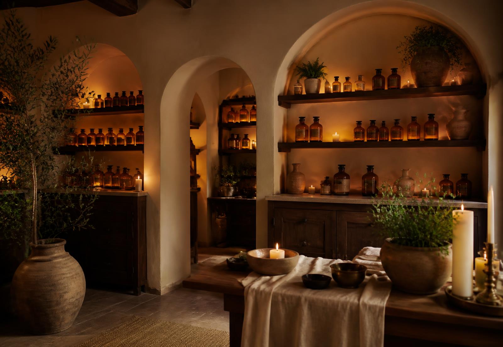 Warm candlelit apothecary with arched shelving and amber glass bottles