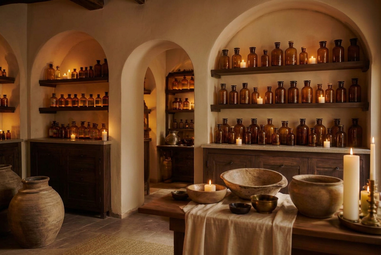 Warm candlelit apothecary with arched shelving and amber glass bottles