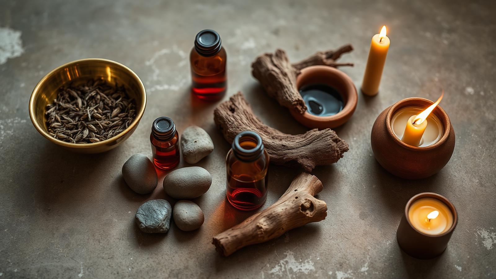 Natural healing elements — herbs, amber bottles, stones, and olive wood on a plaster surface