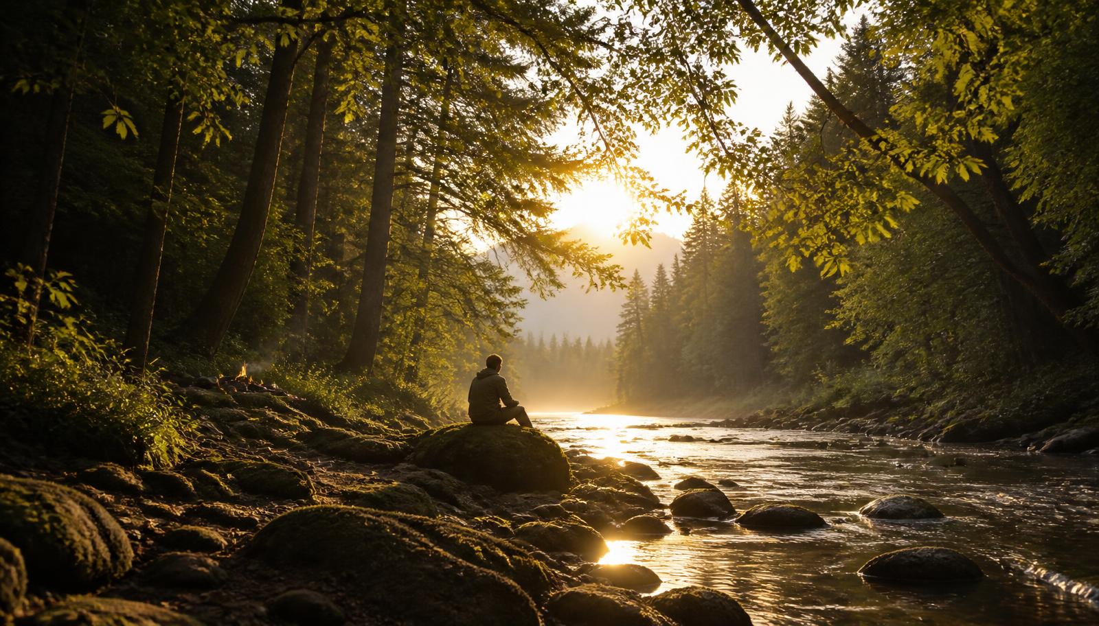 A person contemplating beside a forest river at sunset, surrounded by trees, rocks, and earth